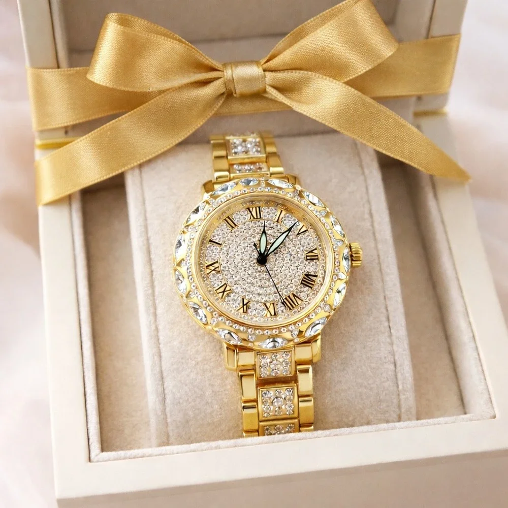 Watch Women Gold‎ Radiant Quartz Bracelet Wristwatch with Rhinestones